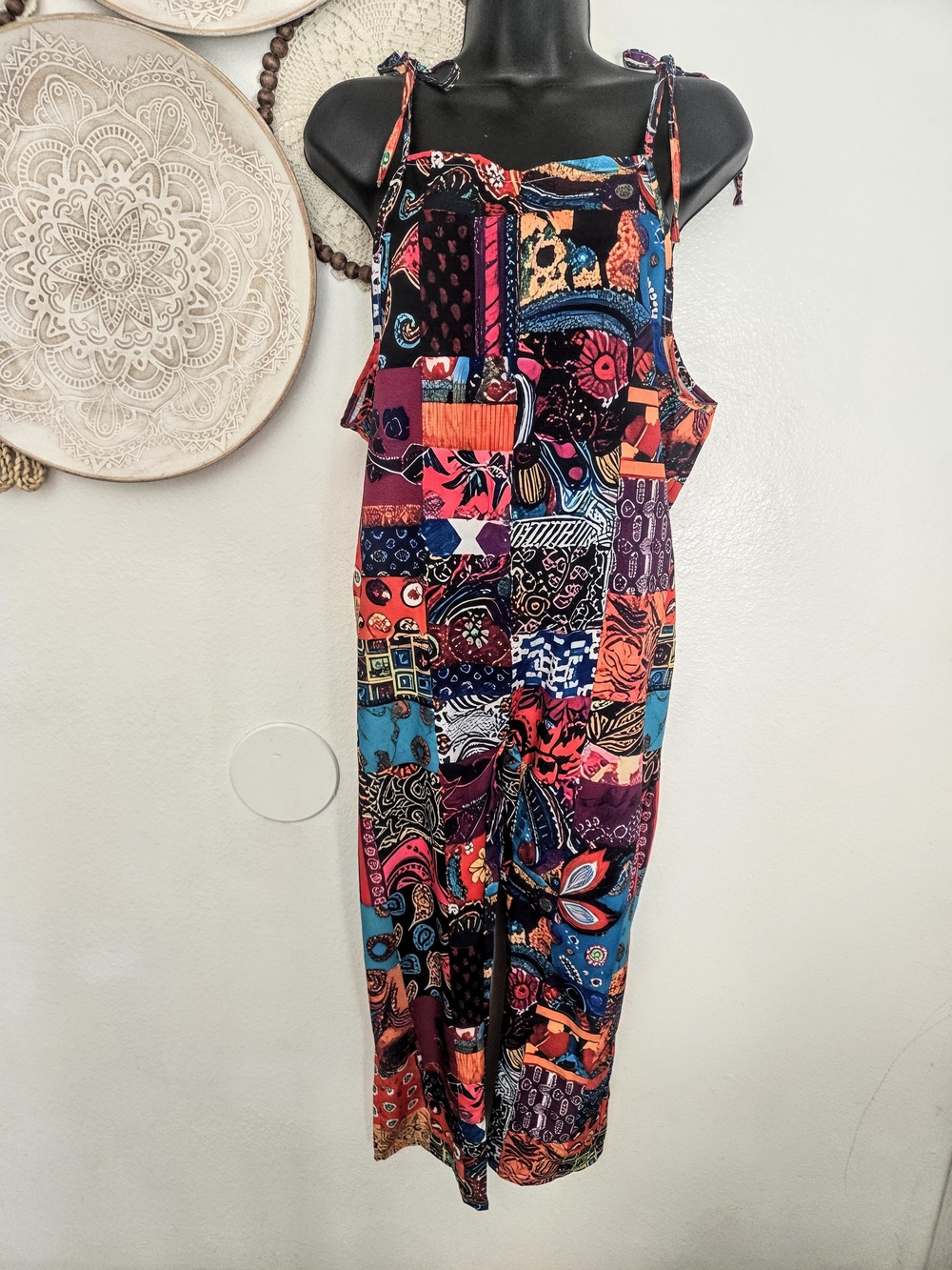 Wide-Leg Tie-Strap Jumpsuit in Multicolor Patchwork Small